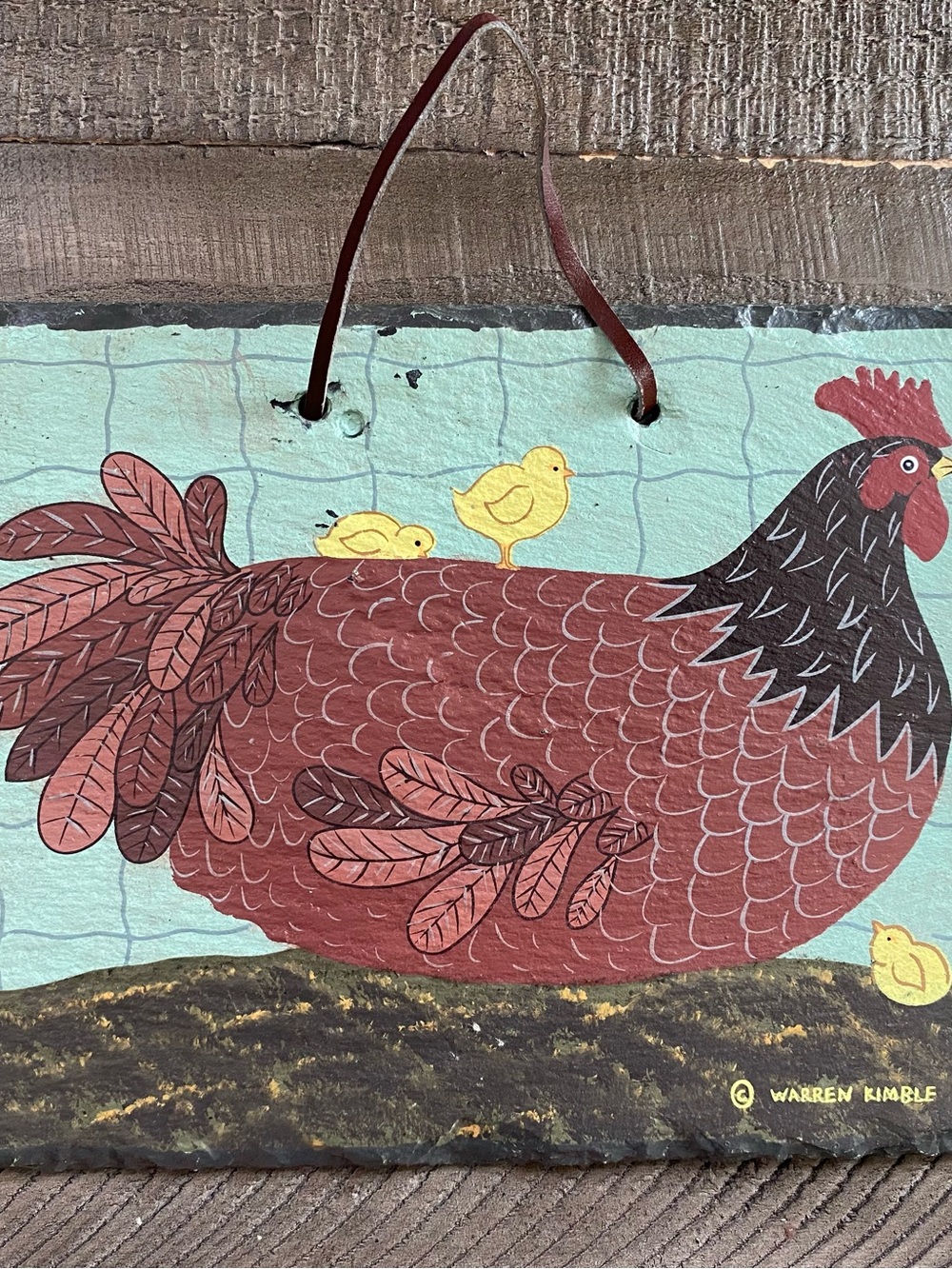 Vintage Warren Kimble Slate Chicken Painting  Farm Folk Art Cottage Rustic Decor
